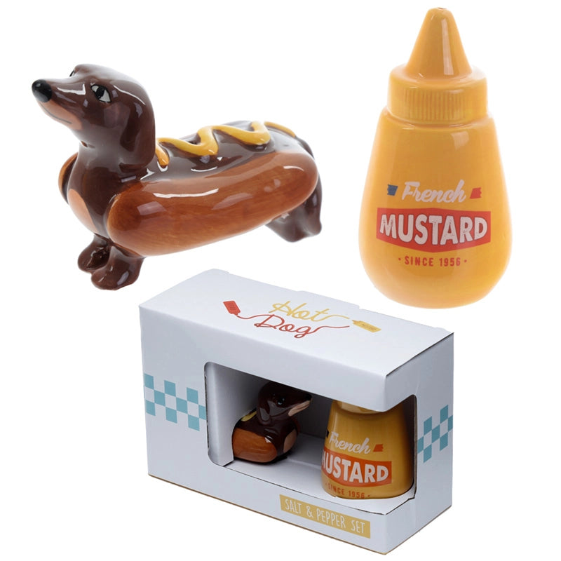 Sausage Dog in A Bun and Mustard Ceramic Salt and Pepper Set-Top 30 Decor-Little Fish Co.