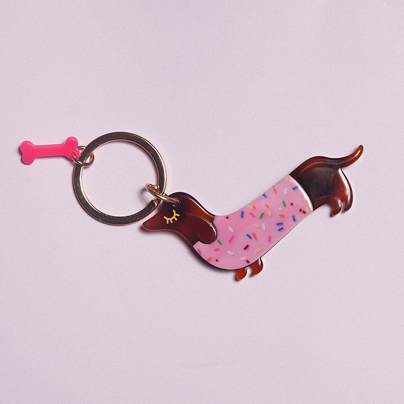 Acrylic dachshund Keyring - pink confetti jumper-Fun-Little Fish Co.