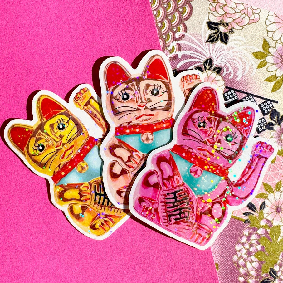 Maneki-Neko Glitter Sticker (Hot Pink)-Top 30 Stationary-Little Fish Co.