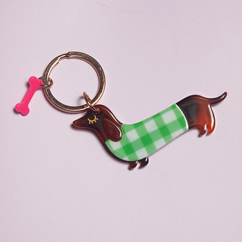 Acrylic dachshund Keyring - green jumper-Pimp my Desk-Little Fish Co.