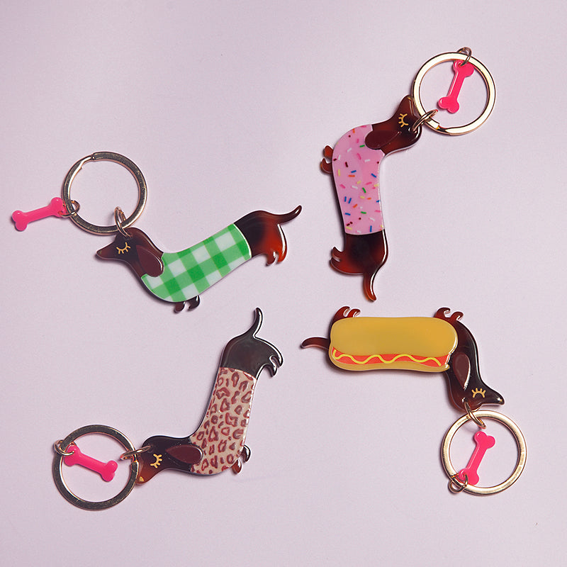 Acrylic dachshund Keyring - leopard print jumper-Fun-Little Fish Co.