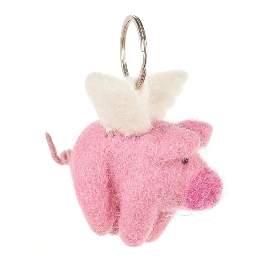 Handmade Fair Trade Needle Felt Flying Pig Keyring-Little Fish Co.
