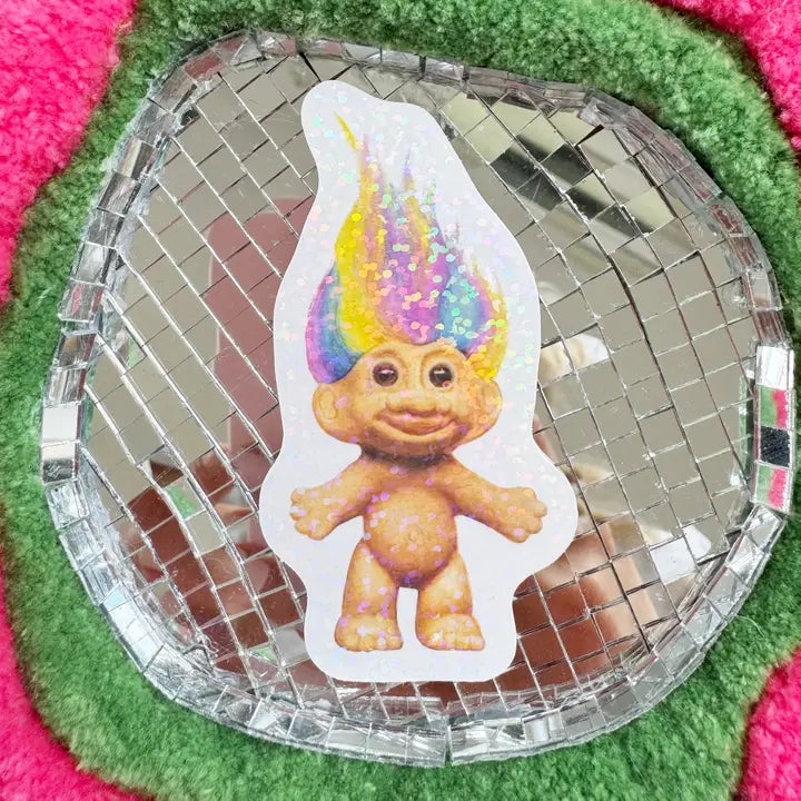 90s Toy Nostalgia - Rainbow Troll Doll Vinyl Glitter sticker-New Arrivals 2025-Little Fish Co.