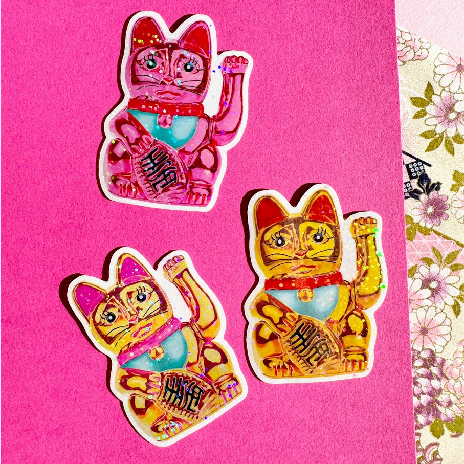 Maneki-Neko Glitter Sticker (Hot Pink)-New Arrivals 2025-Little Fish Co.