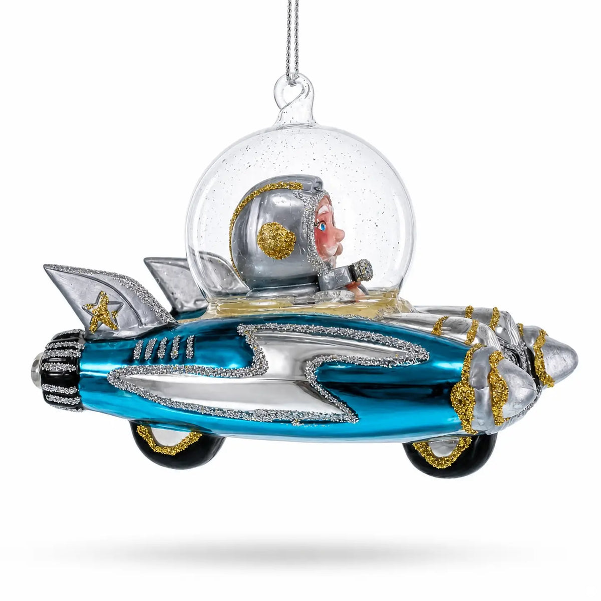 Santa riding in spaceship glass ornament handcrafted