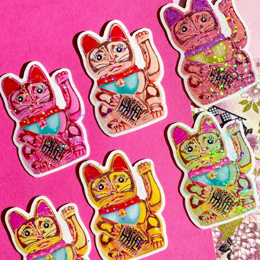 Maneki-Neko Glitter Sticker (Green)-New Arrivals 2025-Little Fish Co.