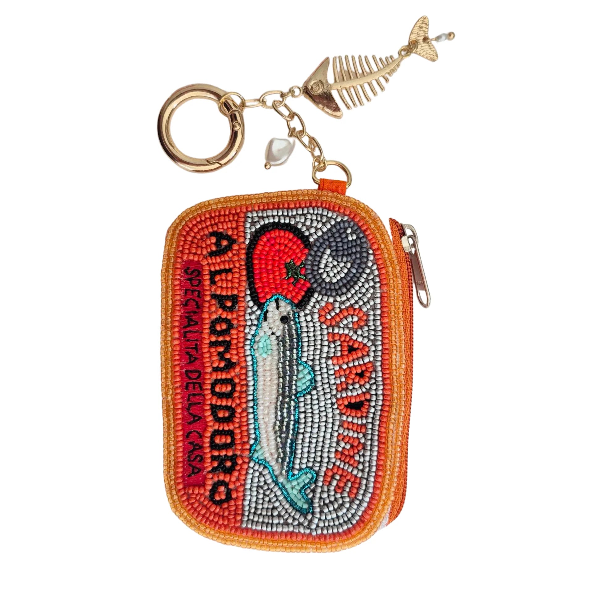 Sardines Orange  beaded keychain pouch