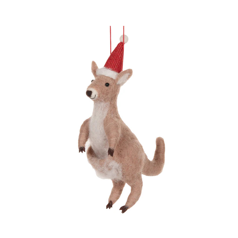 Wool Kangaroo with Santa hat hanging  - Ornament