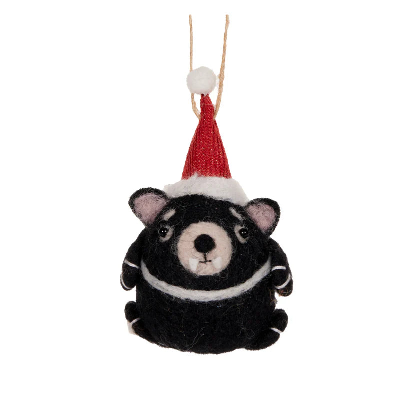 Wool Tassie Devil with Santa hat hanging  - Ornament