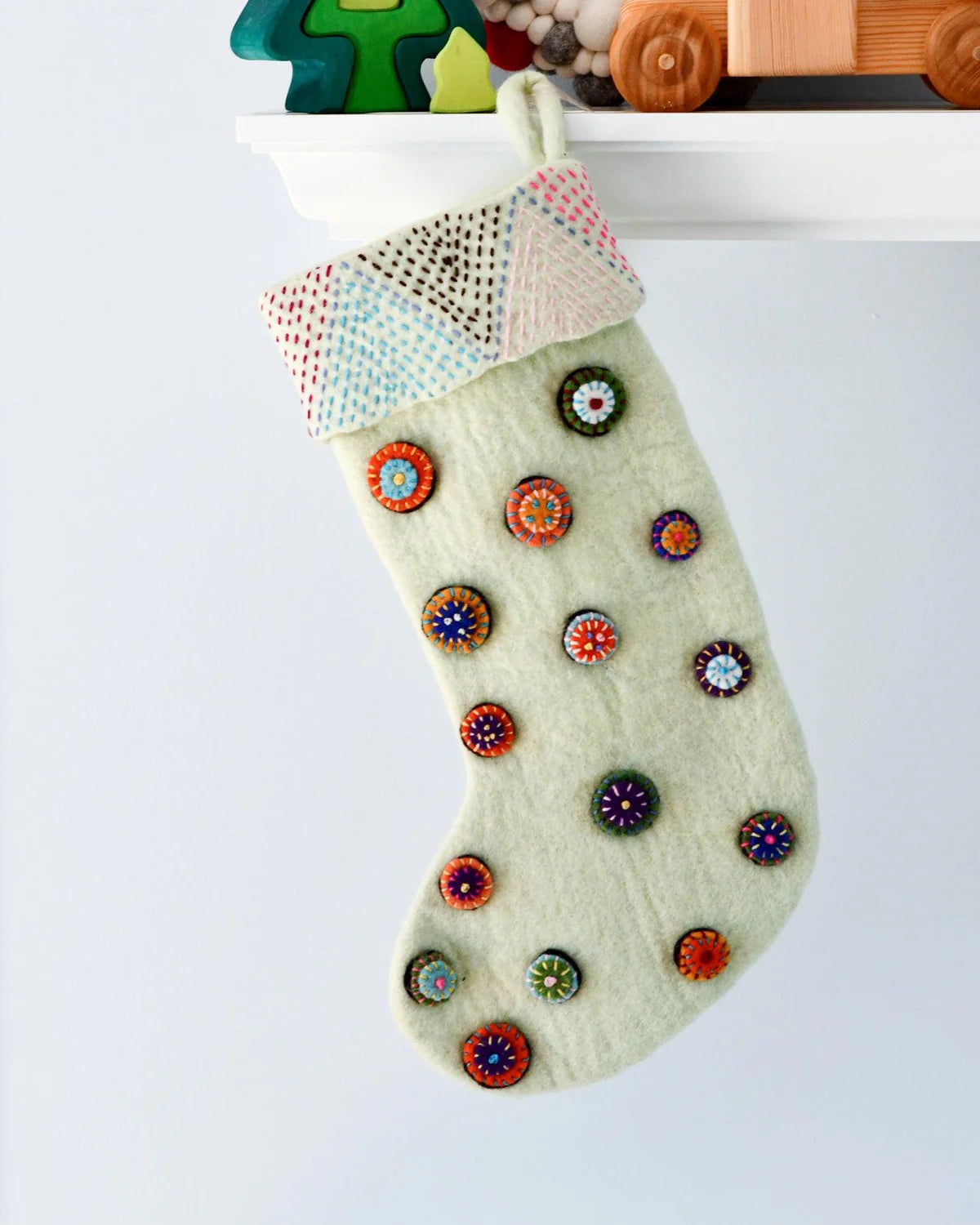 felt Christmas stocking with buttons green