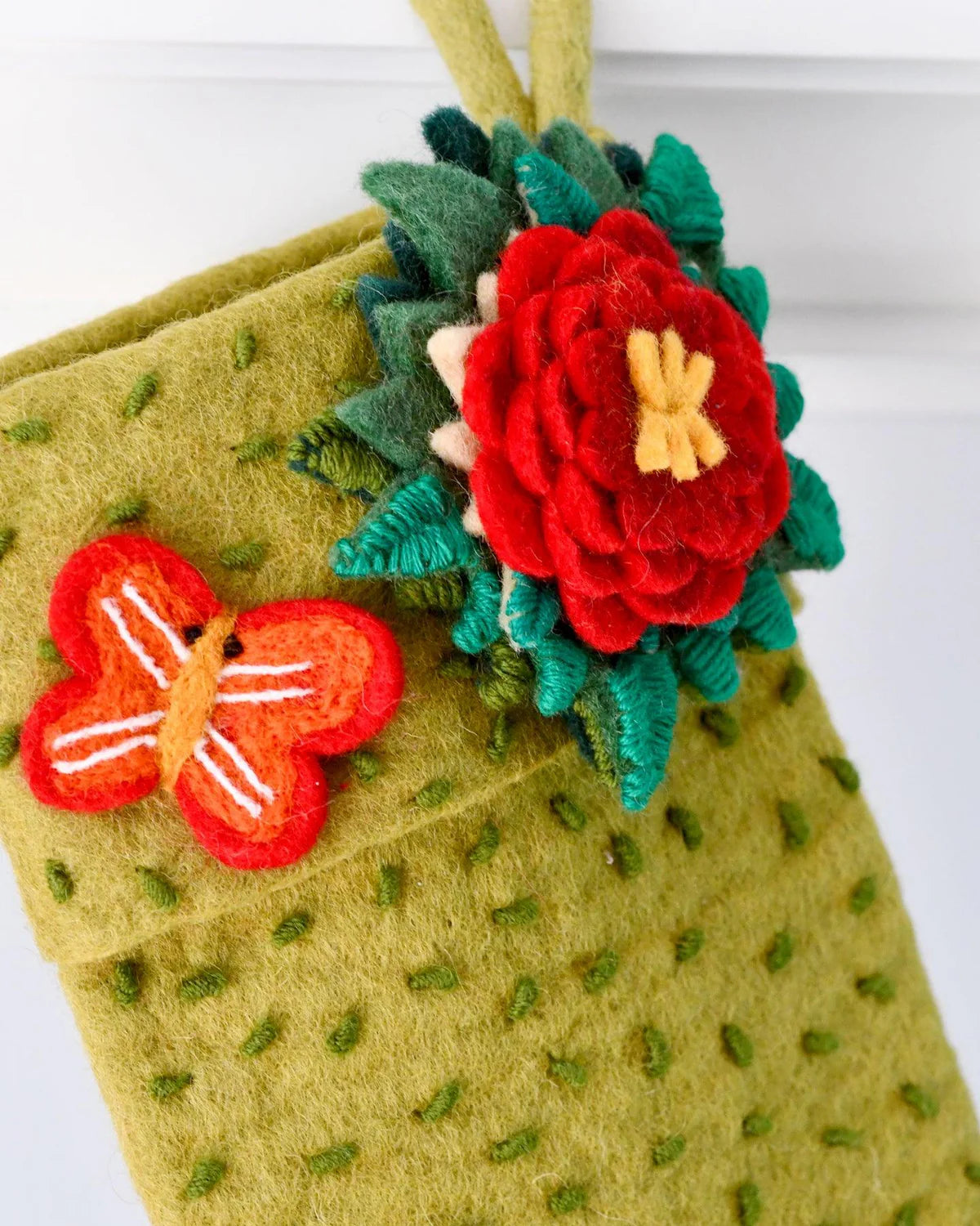 felt Christmas stocking green with flower