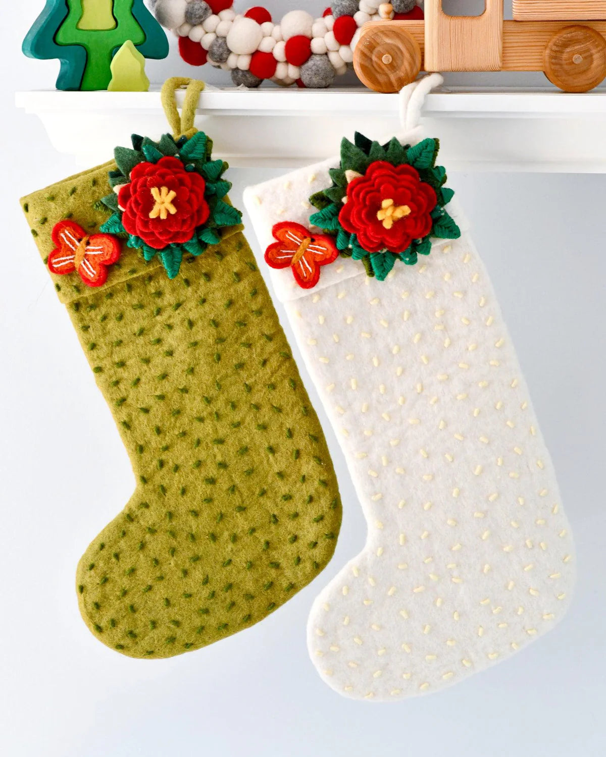 felt Christmas stocking with flower white