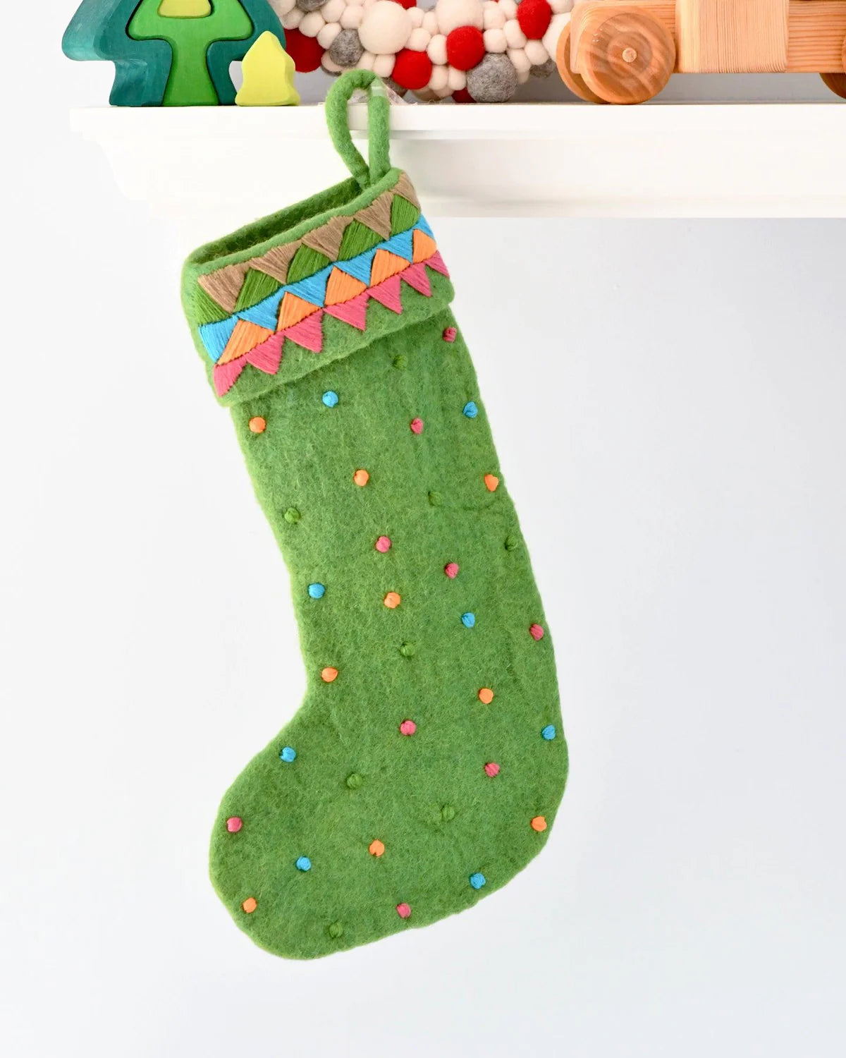 felt Christmas stocking green with dots