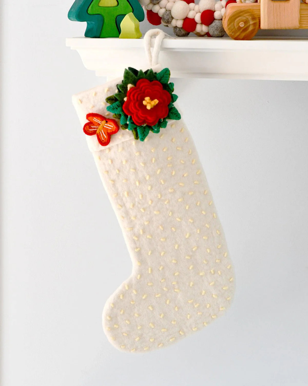 felt Christmas stocking with flower white