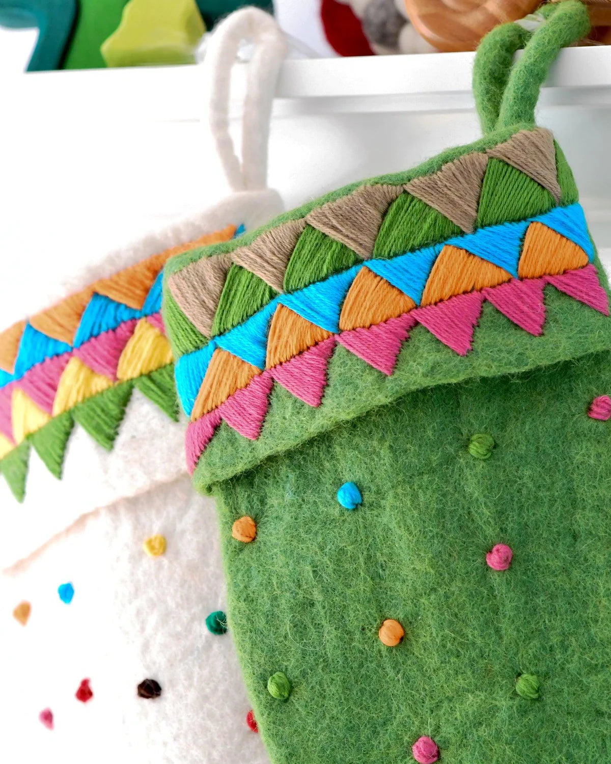 felt Christmas stocking green with dots
