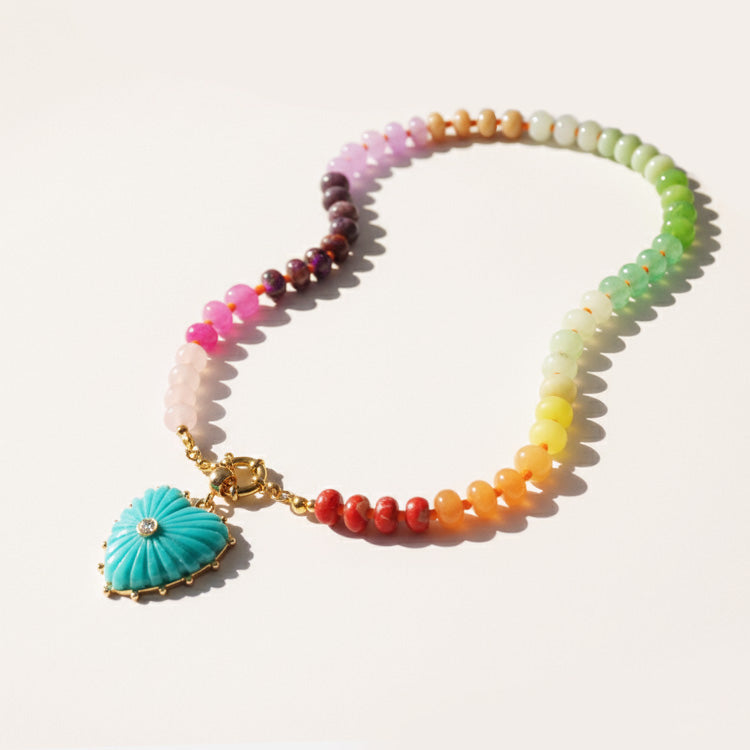 Gold Plated glass bead necklace with heart pendant - Green