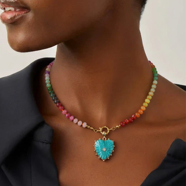 Gold Plated Glass Bead Necklace with Heart Pendant - White