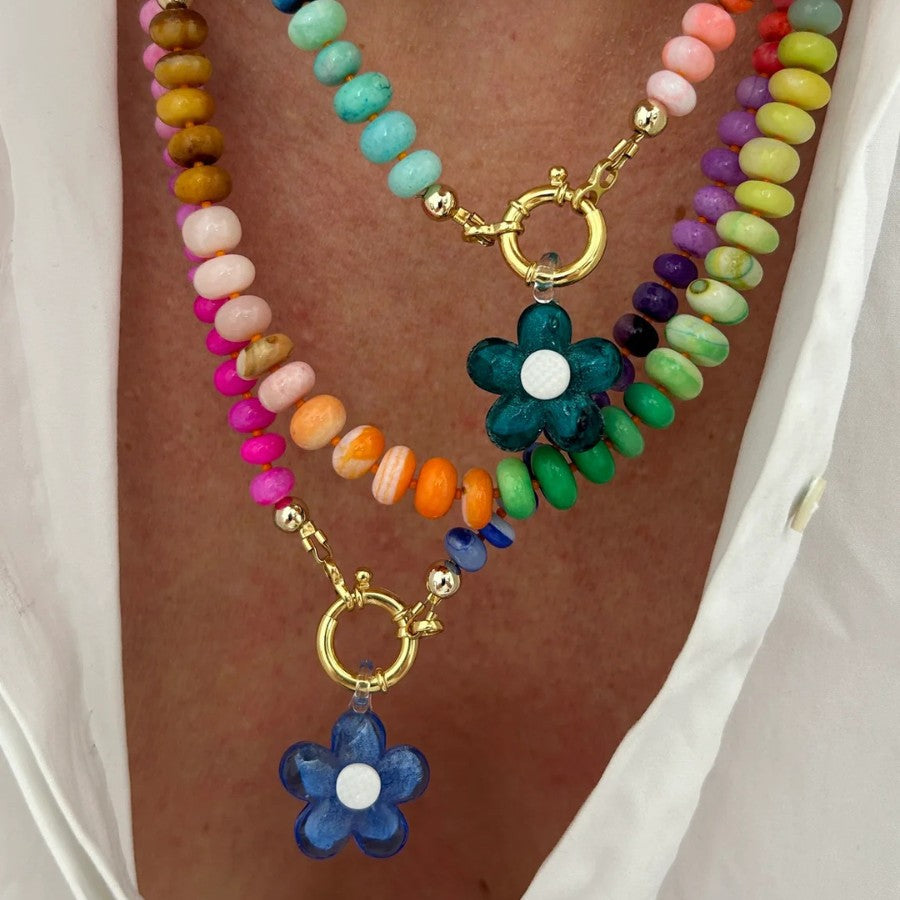 Bright Natural Stone Beaded Necklace - Blue Flower
