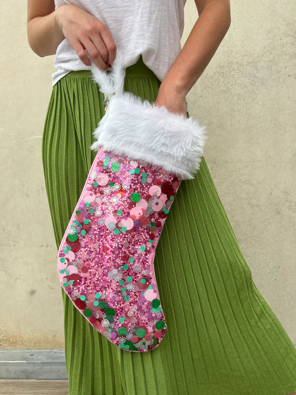 Holiday Spirit Pink confetti stocking