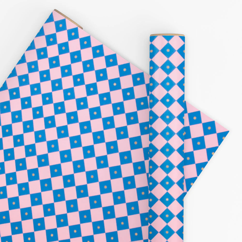 10M Checkerboard Pink & Electric Blue Wrapping Paper-Little Fish Co.