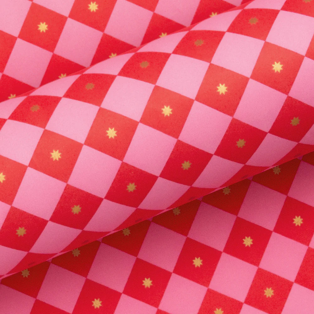 10M Checkerboard Bright Pink & Poppy Red Wrapping Paper-Little Fish Co.
