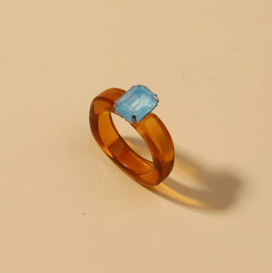 Acrylic Dazzler Ring with Gem - Amber / Aqua-Little Fish Co.