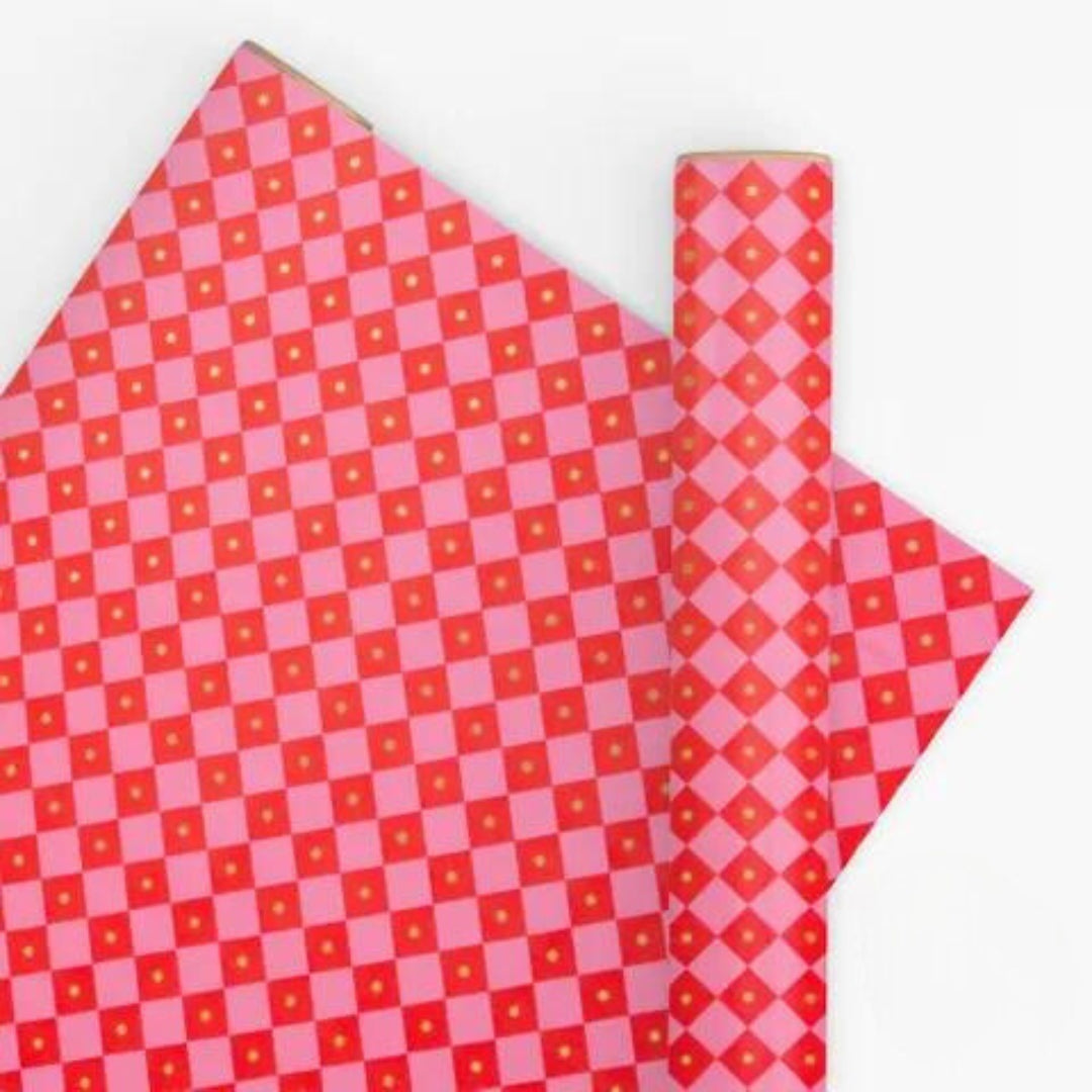 2.5 Meter Checkerboard Pink Poppy Wrapping paper-Little Fish Co.