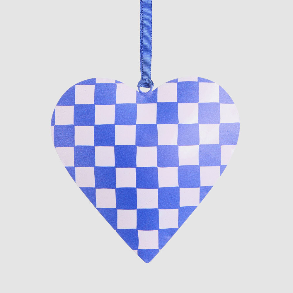 Joy Hand Painted Heart Tree decoration Blue Check