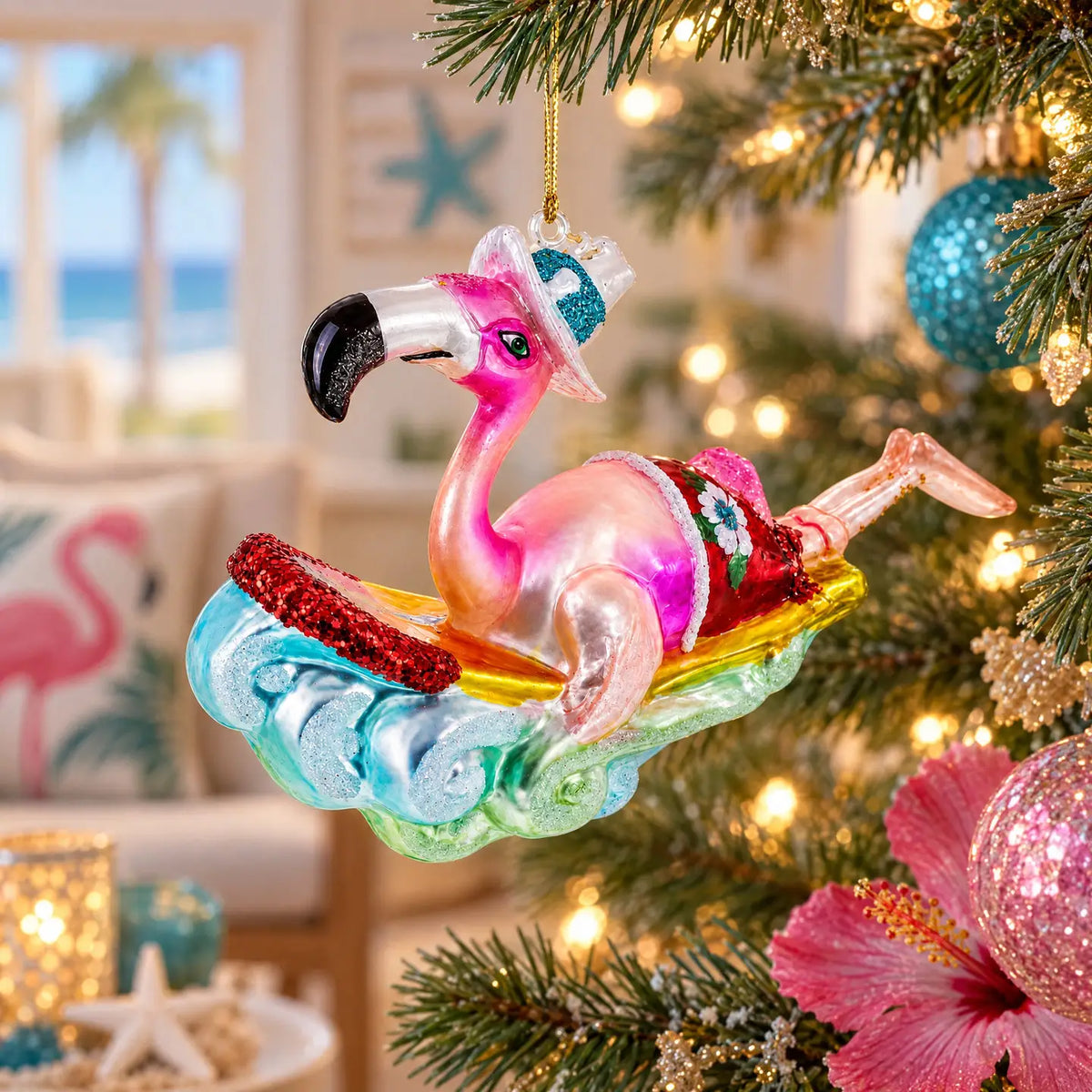 Pink Flamingo riding waves glass ornament handcrafted