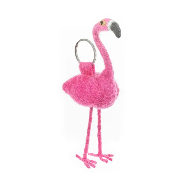 Handmade Needle Felt Fair Trade Flamingo keyring-Little Fish Co.