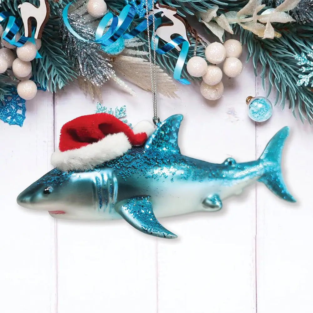 Shark with Santa hat glass ornament Handcrafted