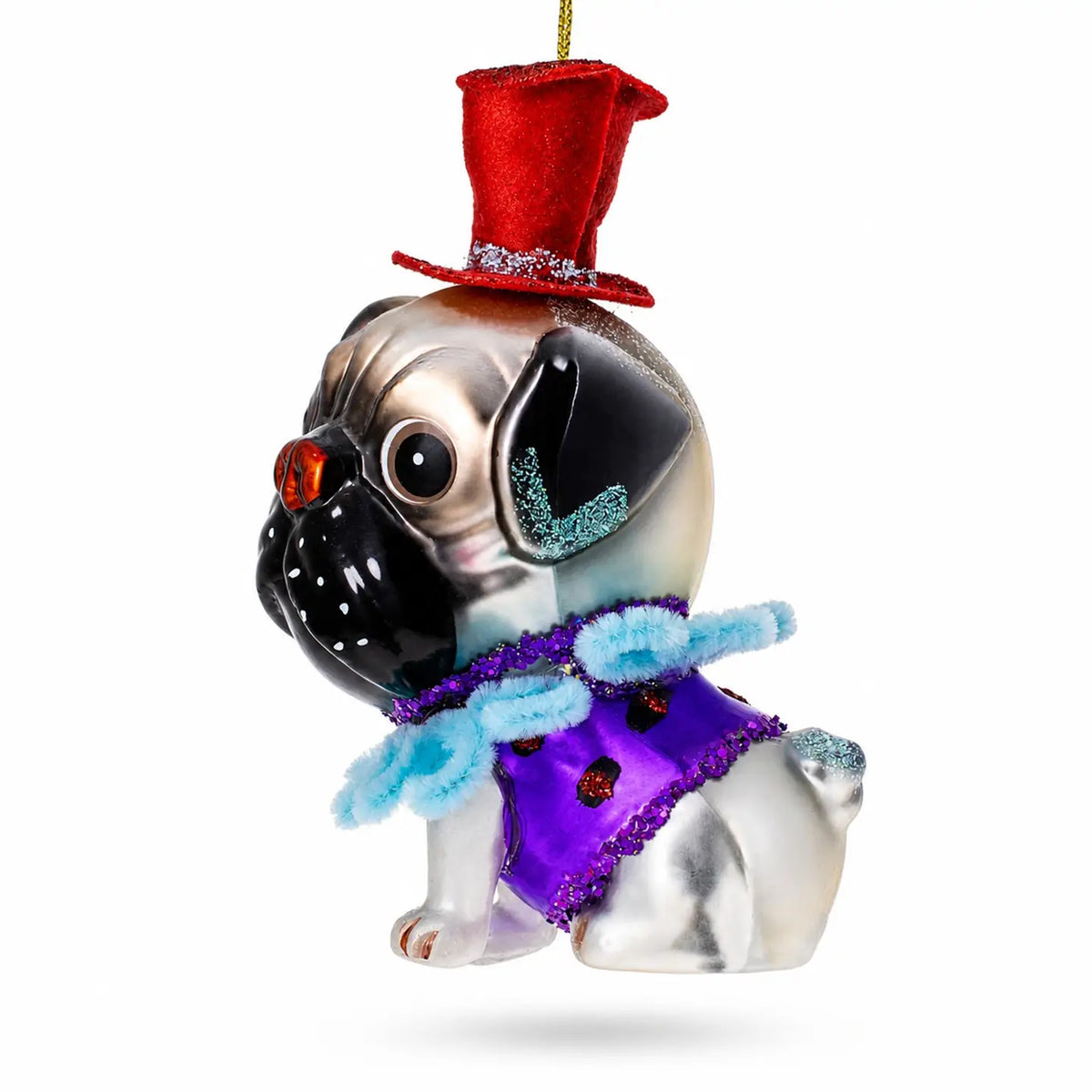 Pug in festive hat glass ornament handcrafted