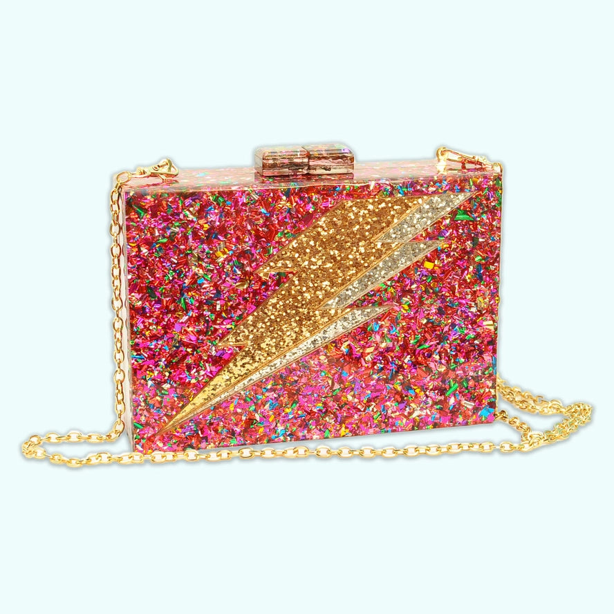 Pink Rainbow confetti Lightening bolt clutch-New Arrivals-Little Fish Co.