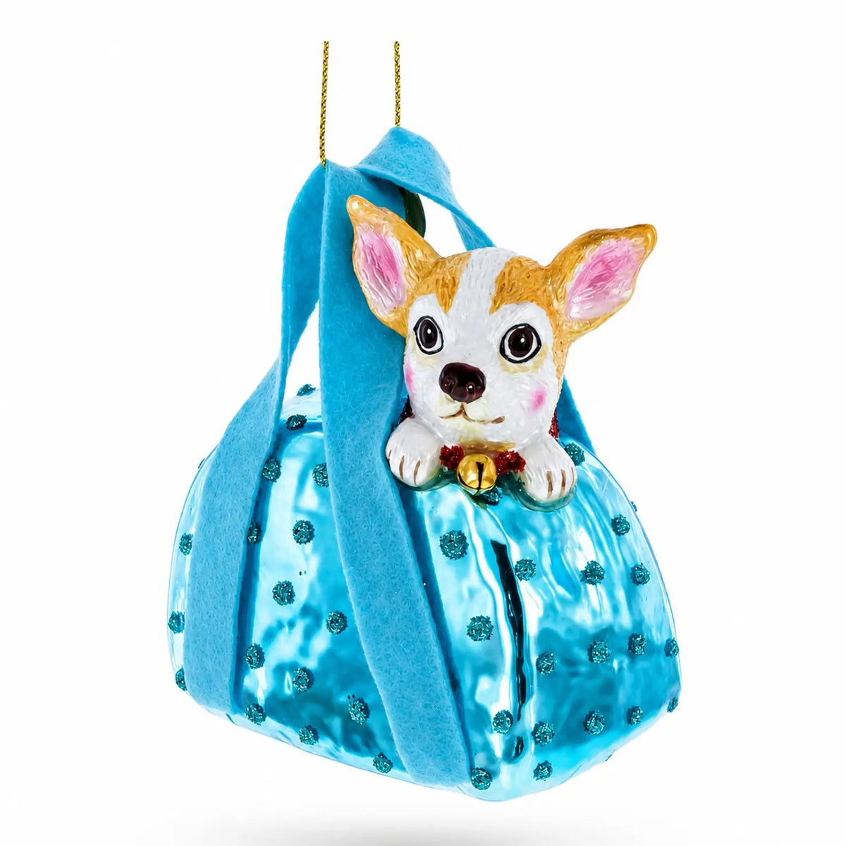 Dog in Blue Bag glass ornament handcrafted