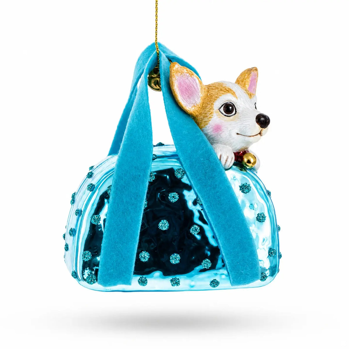Dog in Blue Bag glass ornament handcrafted