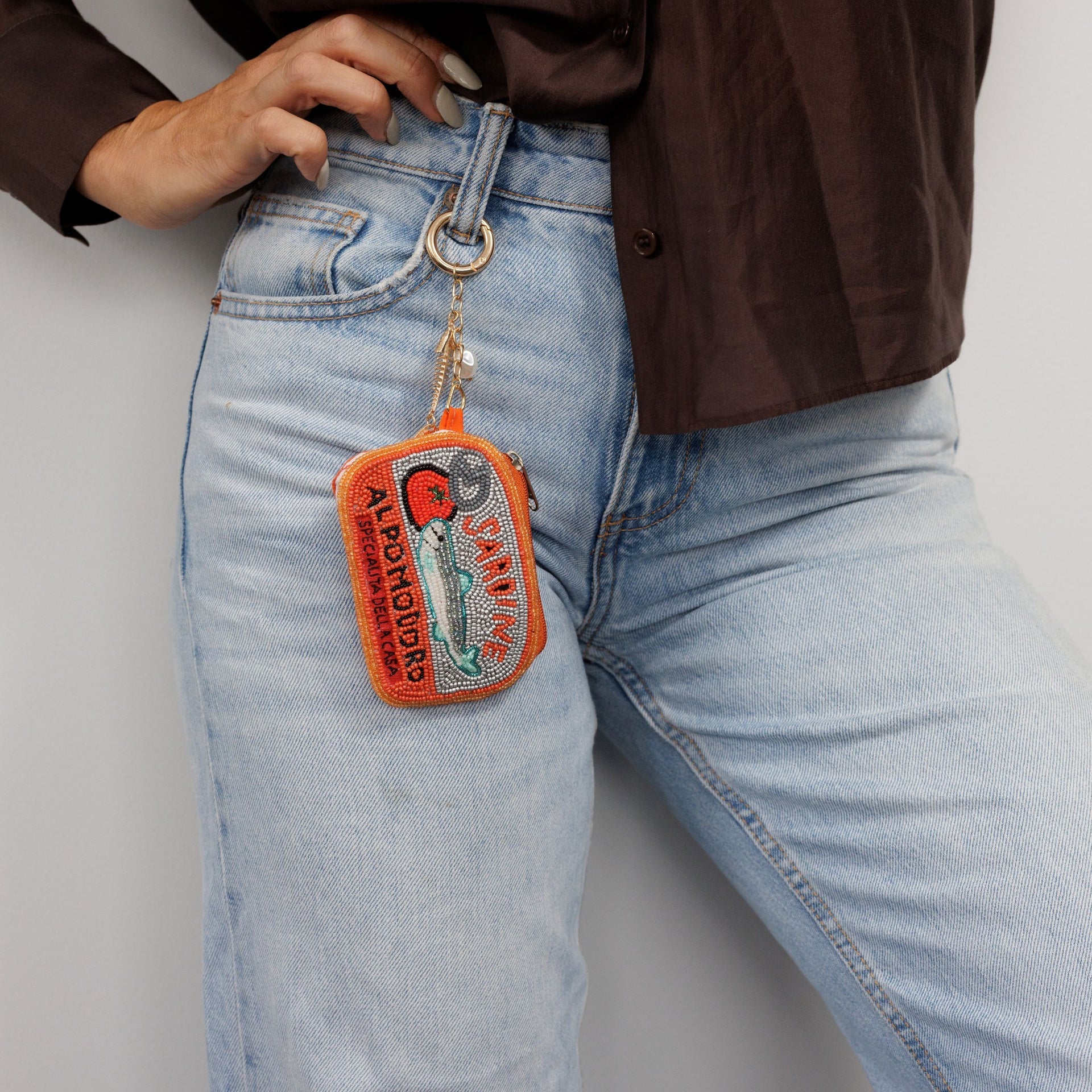 Sardines Orange  beaded keychain pouch