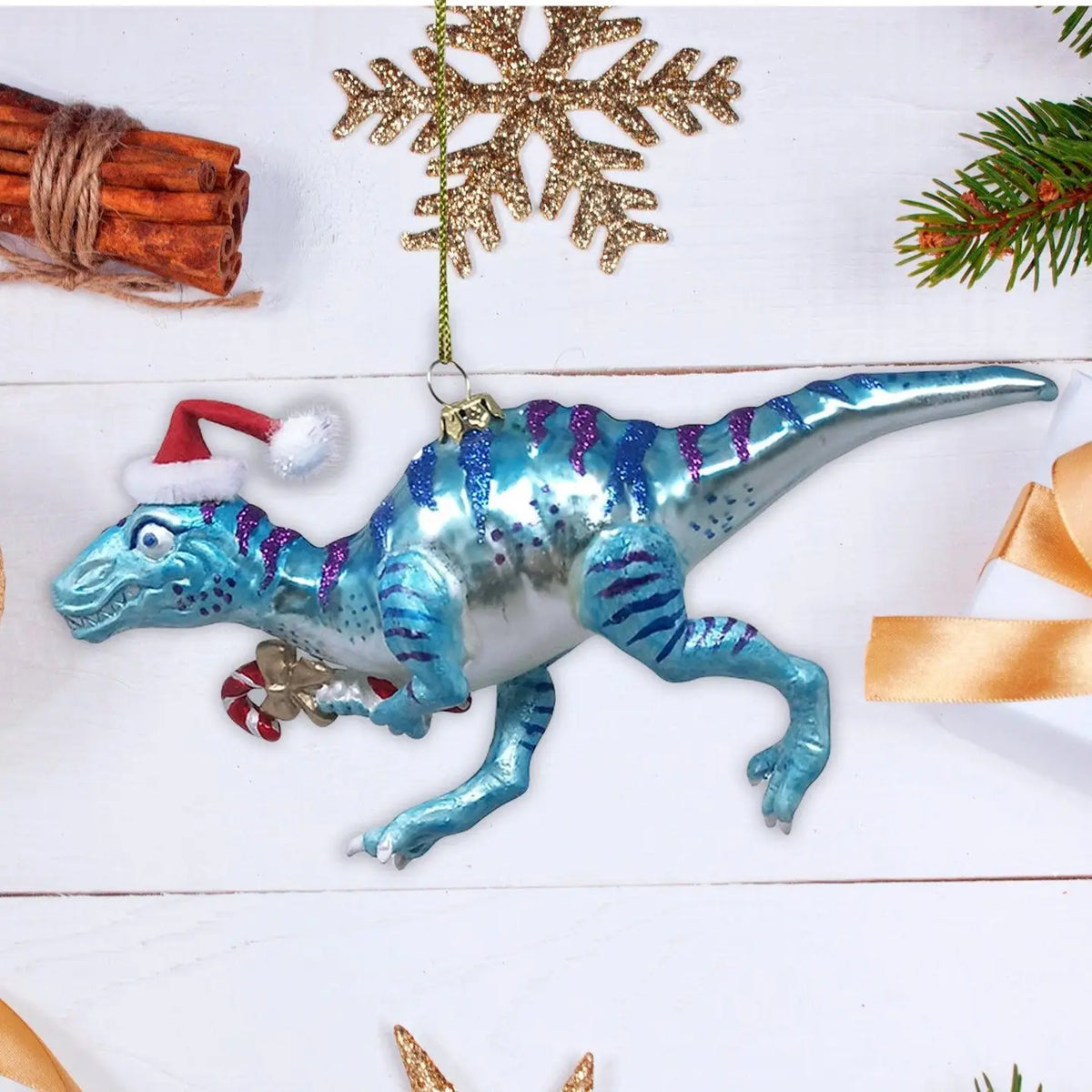 Christmas Dino glass ornament Handcrafted