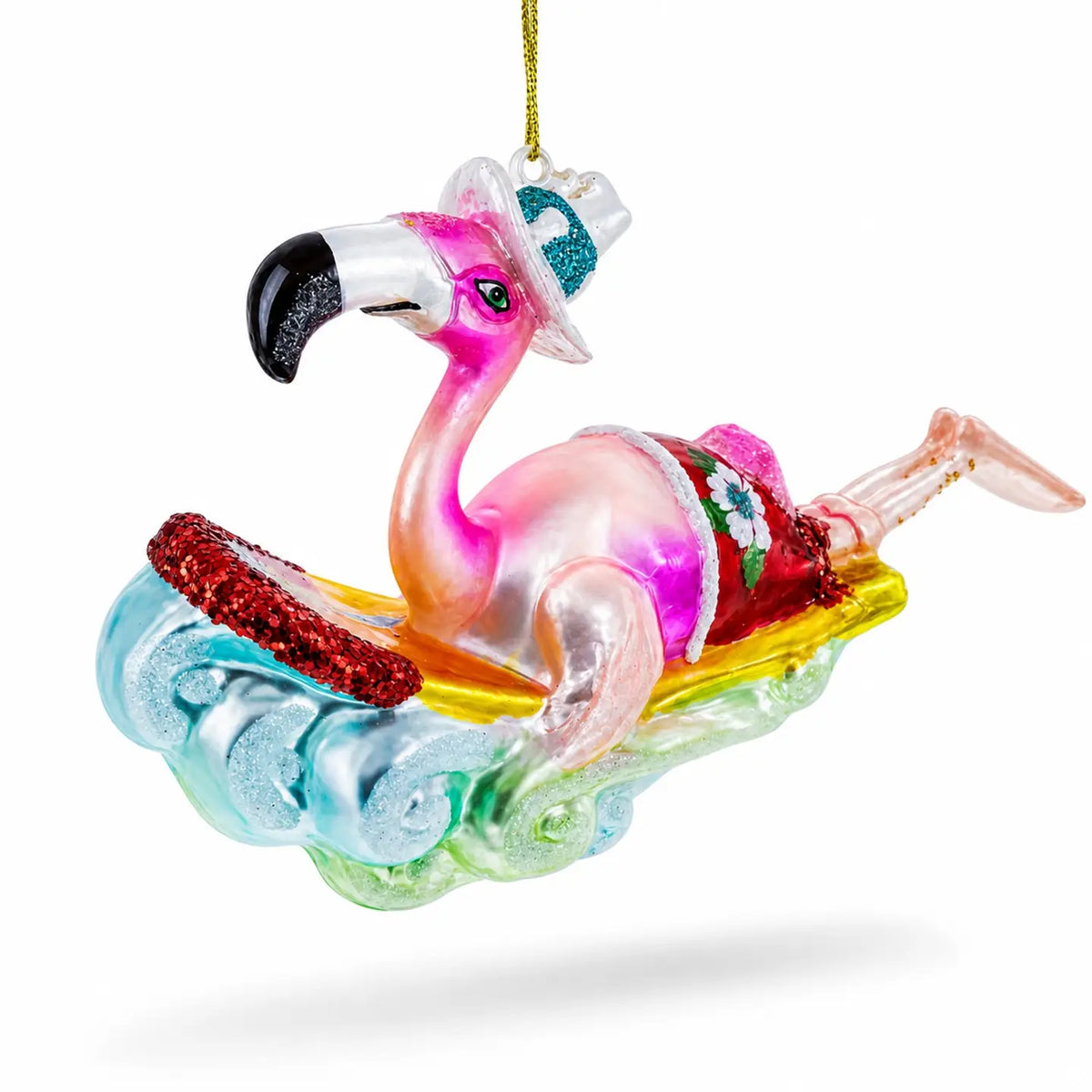 Pink Flamingo riding waves glass ornament handcrafted