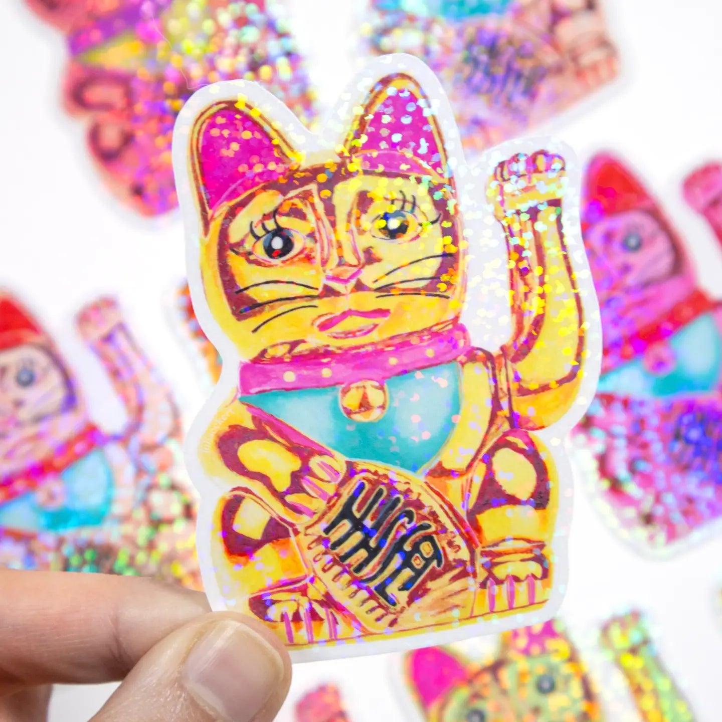 Maneki-Neko Glitter Sticker (Pink Yellow)-Top 30 Stationary-Little Fish Co.