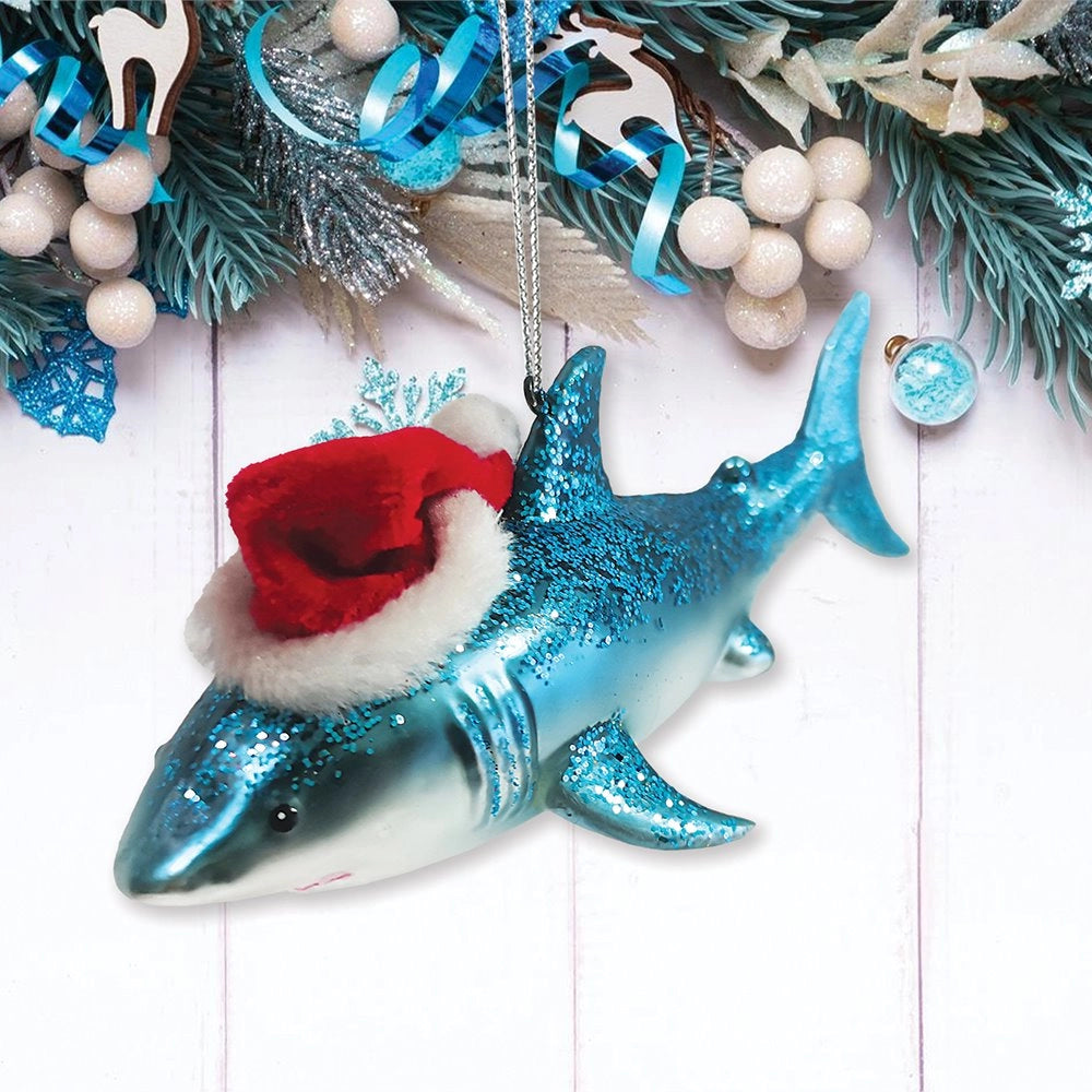 Shark with Santa hat glass ornament Handcrafted