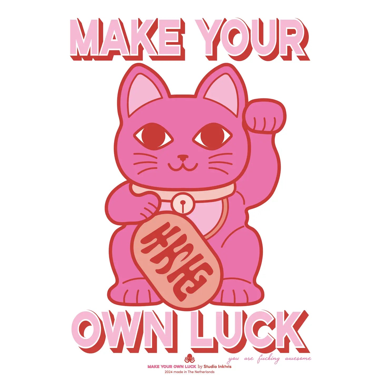 Riso A3 Lucky Cat print in Pink-Top 30 Art-Little Fish Co.