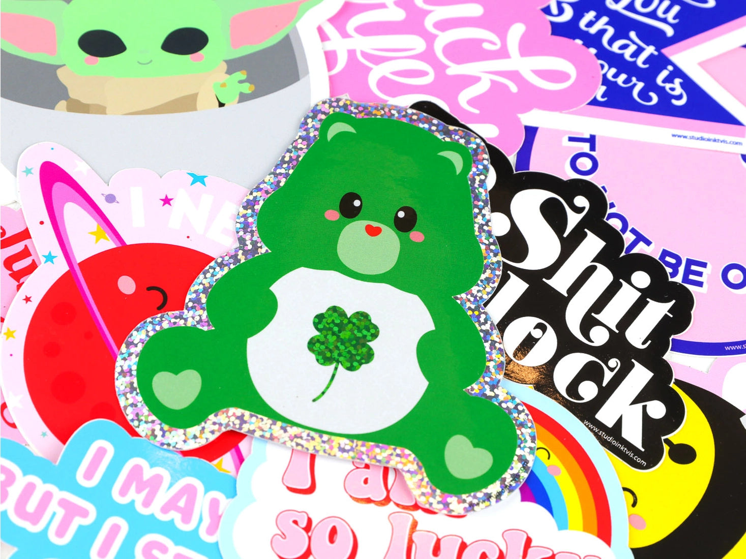 Green Glitter Care Bear Sticker - Good luck-Top 30 Stationary-Little Fish Co.