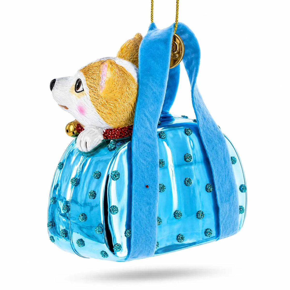 Dog in Blue Bag glass ornament handcrafted