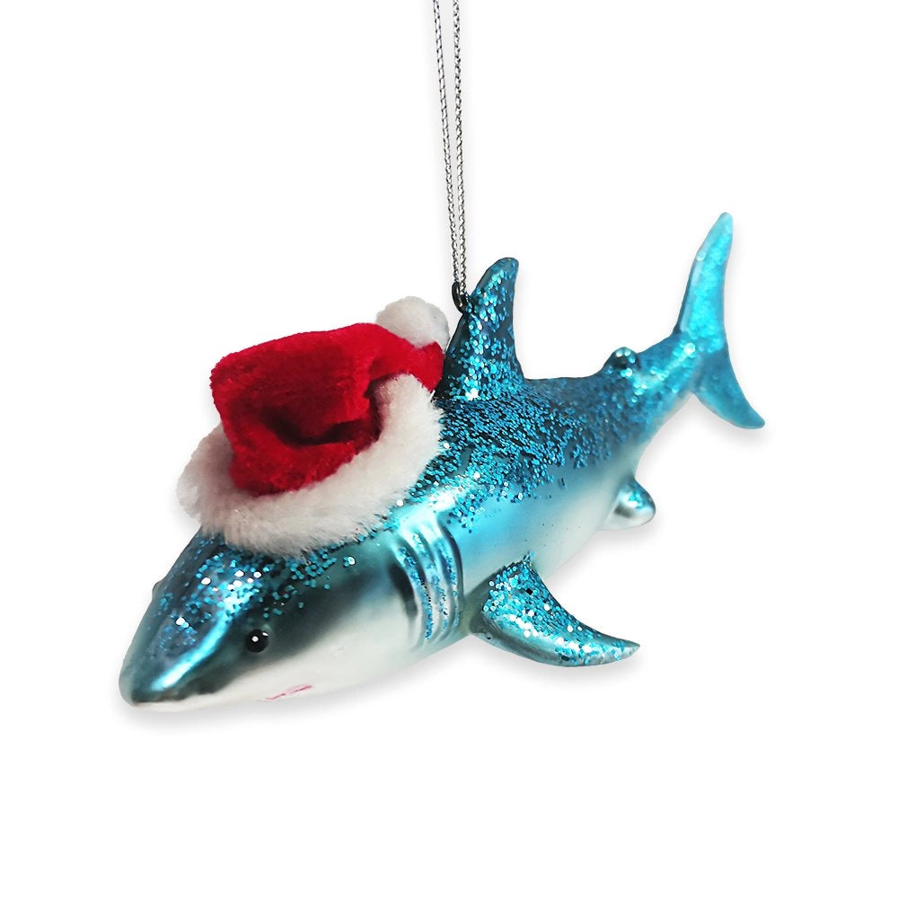 Shark with Santa hat glass ornament Handcrafted