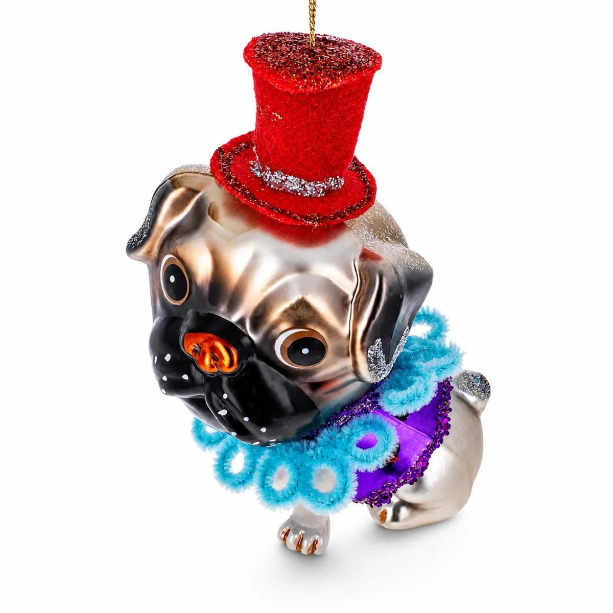 Pug in festive hat glass ornament handcrafted