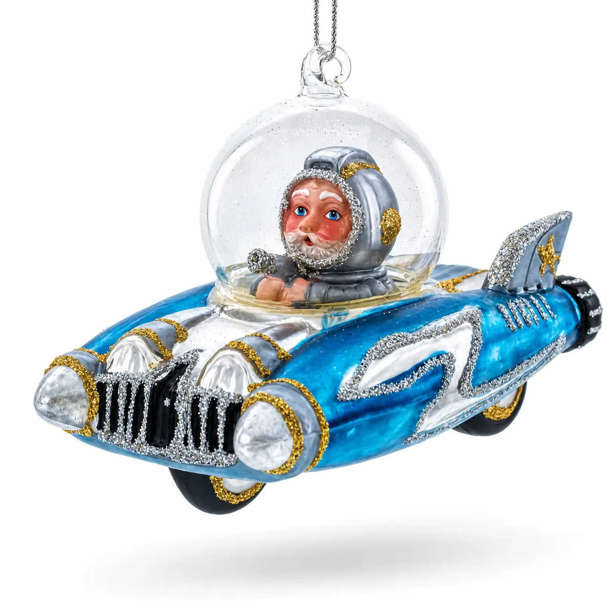 Santa riding in spaceship glass ornament handcrafted