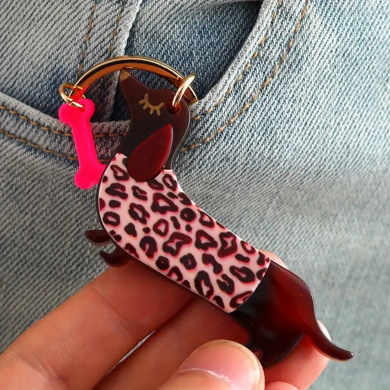 Acrylic dachshund Keyring - leopard print jumper-Fun-Little Fish Co.