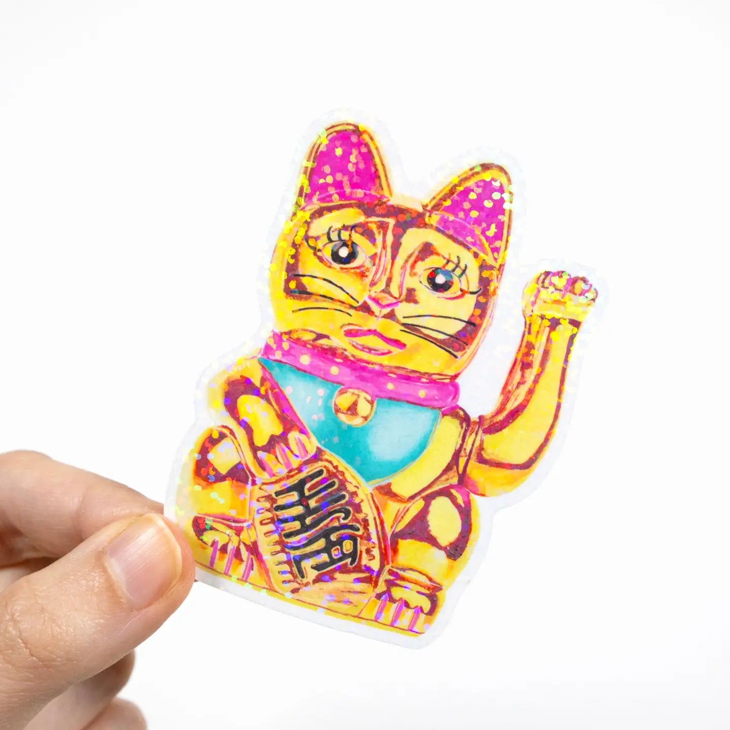 Maneki-Neko Glitter Sticker (Pink Yellow)-New Arrivals 2025-Little Fish Co.