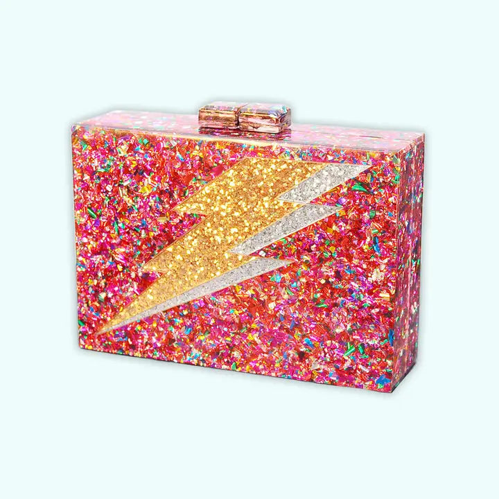 Pink Rainbow confetti Lightening bolt clutch-New Arrivals-Little Fish Co.