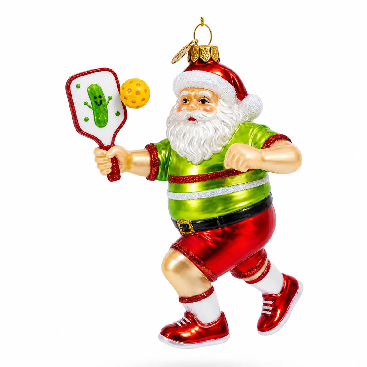 Pickleball Santa glass ornament handcrafted